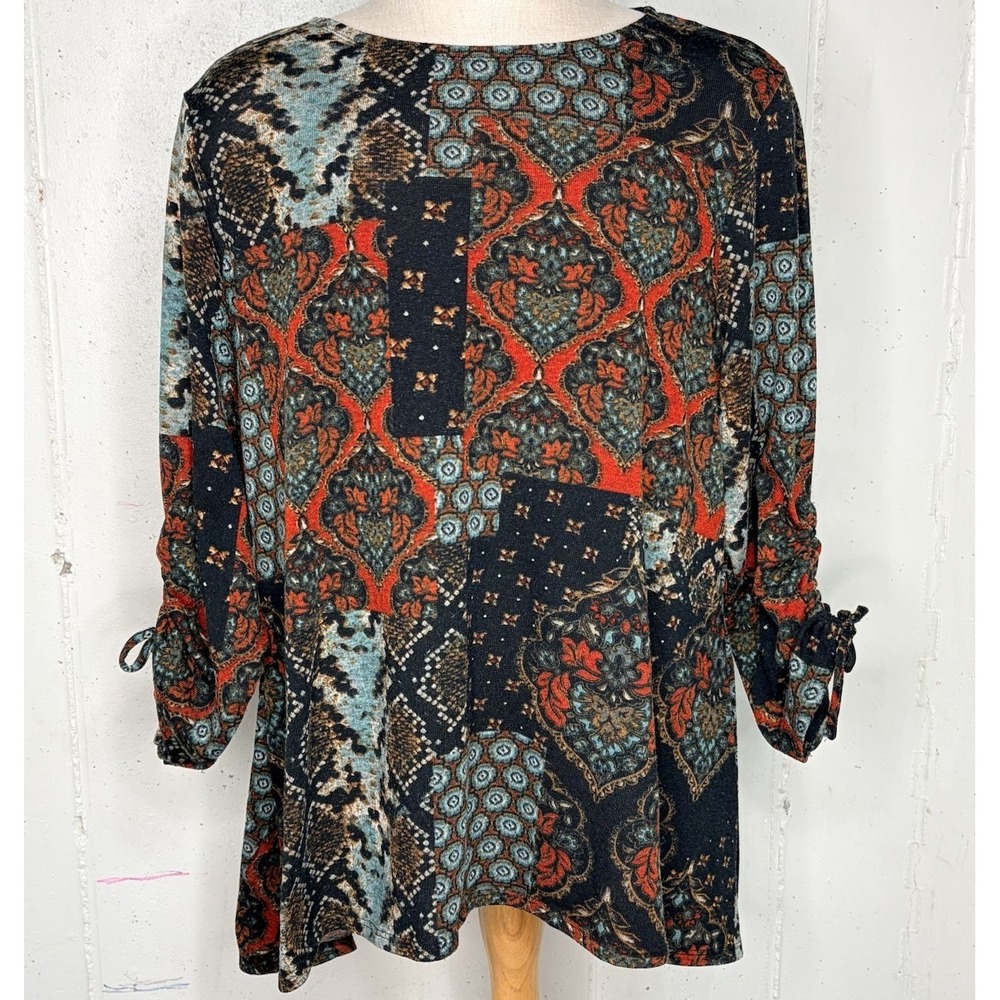 Zac Rachel Womens Blouse Size 2X Red Floral Boho Flowy Top Romantic Goth Artsy